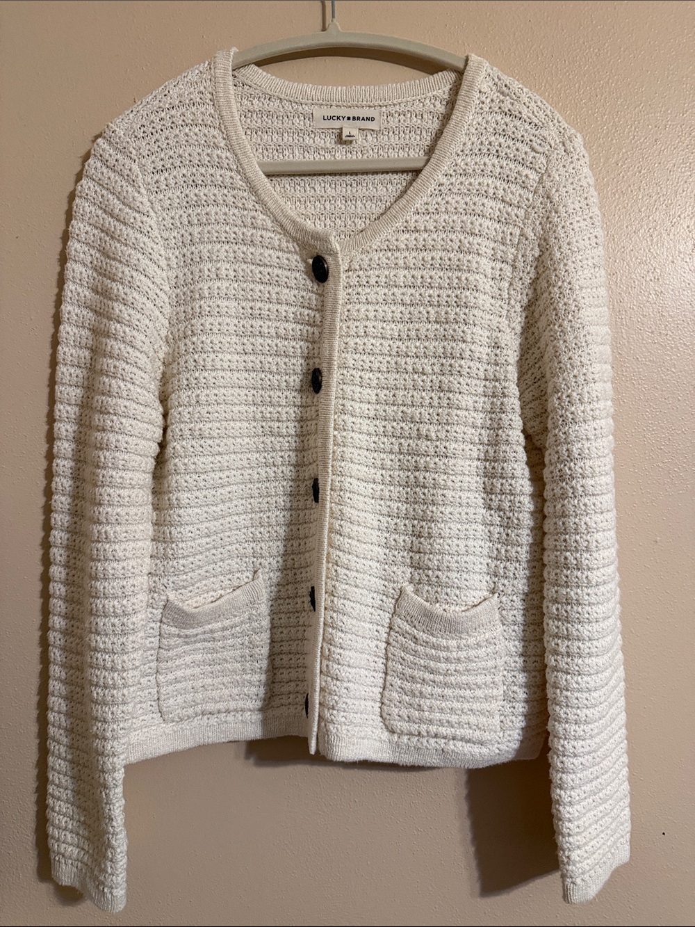 Lucky Brand Cream Textured Knit Button-Front Cardigan